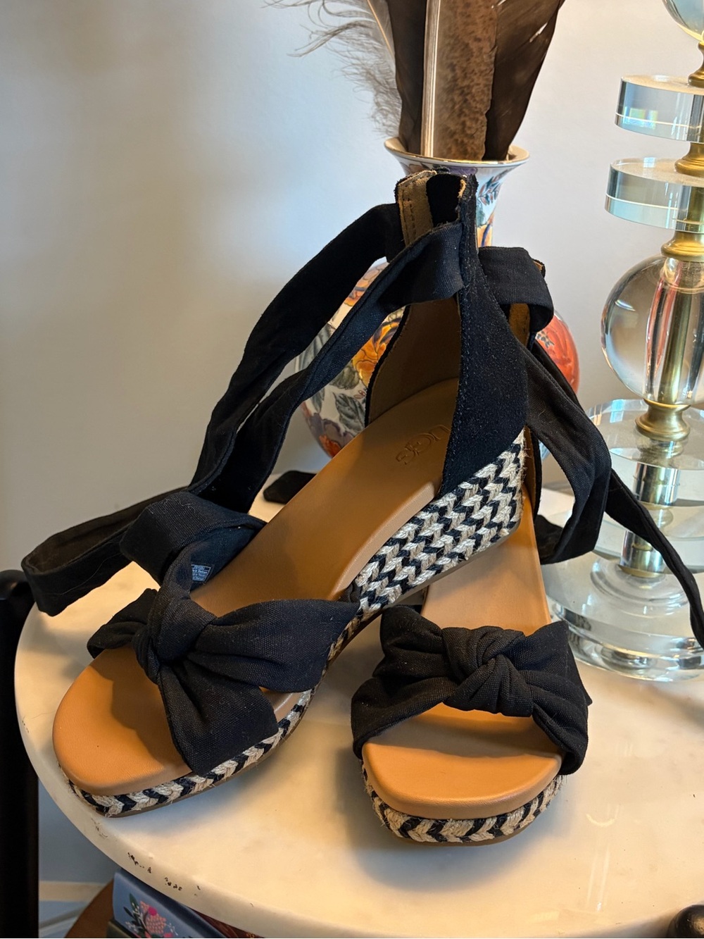 UGG Black Tie-Wrap Espadrille Wedge Sandals with Tan Footbed